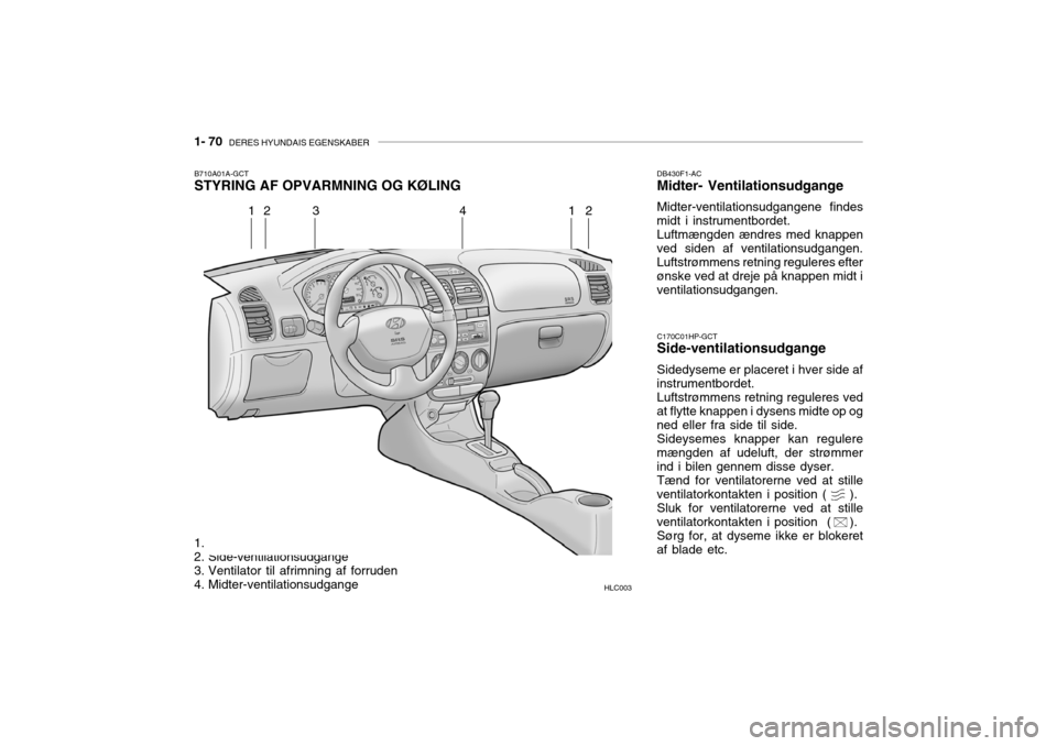 Hyundai Accent 2003 Instruktionsbog (in Danish) 1- 70 DERES HYUNDAIS EGENSKABER
C170C01HP-GCT Side-ventilationsudgange Sidedyseme er placeret i hver side af
instrumentbordet.
Luftstrømmens retning reguleres ved
at flytte knappen i dysens midte op Hyundai Accent 2003 Instruktionsbog (in Danish) 1- 70 DERES HYUNDAIS EGENSKABER
C170C01HP-GCT Side-ventilationsudgange Sidedyseme er placeret i hver side af
instrumentbordet.
Luftstrømmens retning reguleres ved
at flytte knappen i dysens midte op