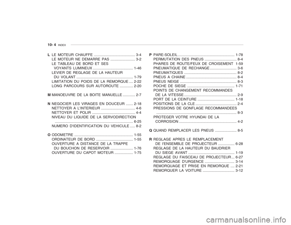 Hyundai Accent 2003  Manuel du propriétaire (in French) 10- 4  INDEX
L LE MOTEUR CHAUFFE ........................................ 3-4
LE MOTEUR NE DEMARRE  PAS ........................ 3-2
LE TABLEAU DE BORD ET SES VOYANTS LUMINEUX ........................