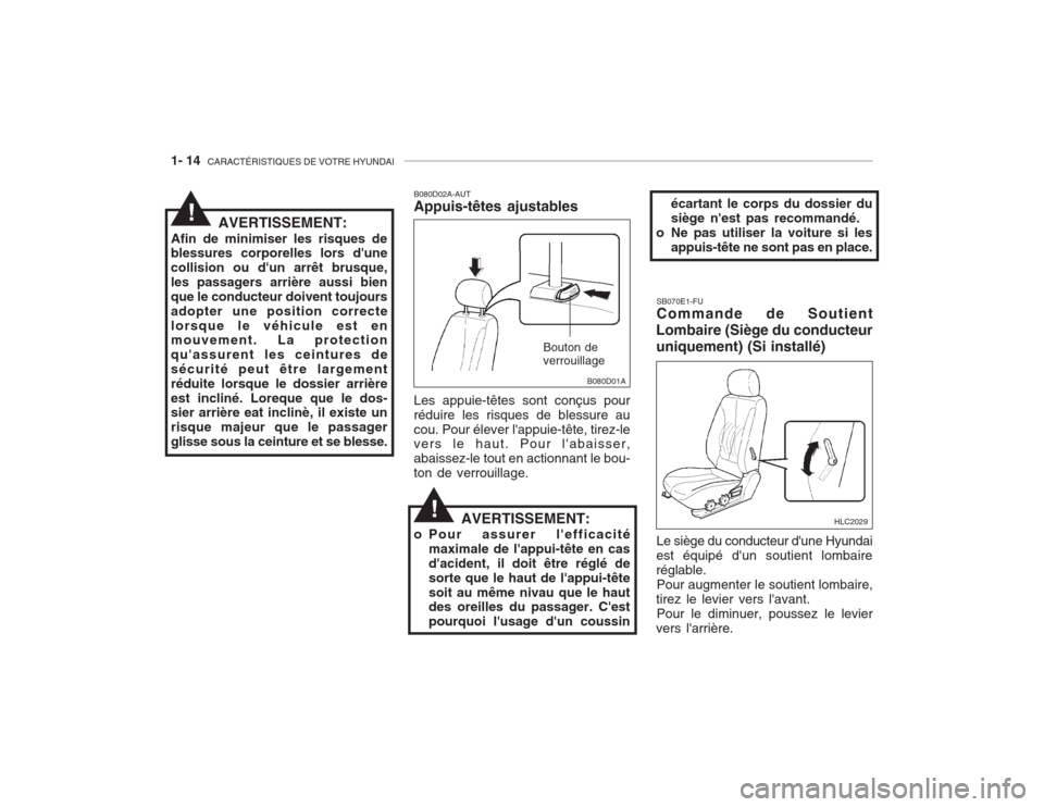 Hyundai Accent 2003  Manuel du propriétaire (in French) 1- 14  CARACTÉRISTIQUES DE VOTRE HYUNDAI
Bouton de verrouillage
B080D02A-AUT Appuis-têtes ajustables Les appuie-têtes sont conçus pour réduire les risques de blessure aucou. Pour élever lappuie