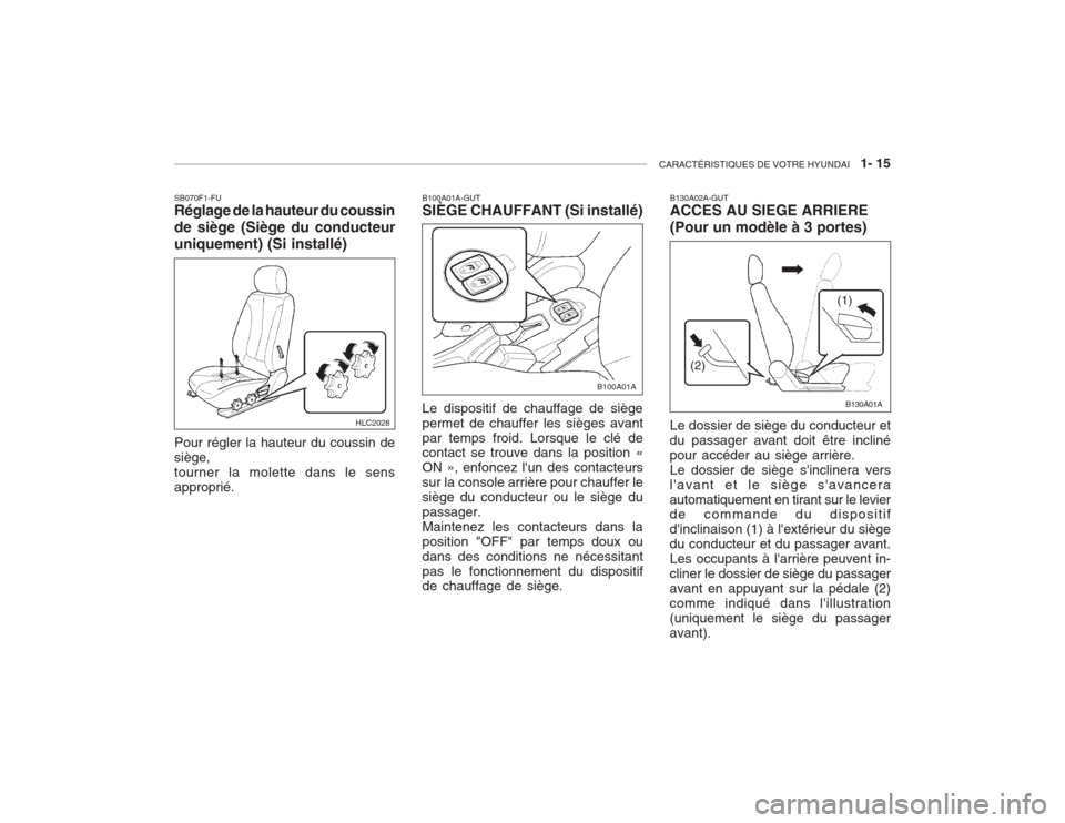 Hyundai Accent 2003  Manuel du propriétaire (in French) CARACTÉRISTIQUES DE VOTRE HYUNDAI   1- 15
SB070F1-FU Réglage de la hauteur du coussin de siège (Siège du conducteuruniquement) (Si installé) Pour régler la hauteur du coussin de siège,tourner l