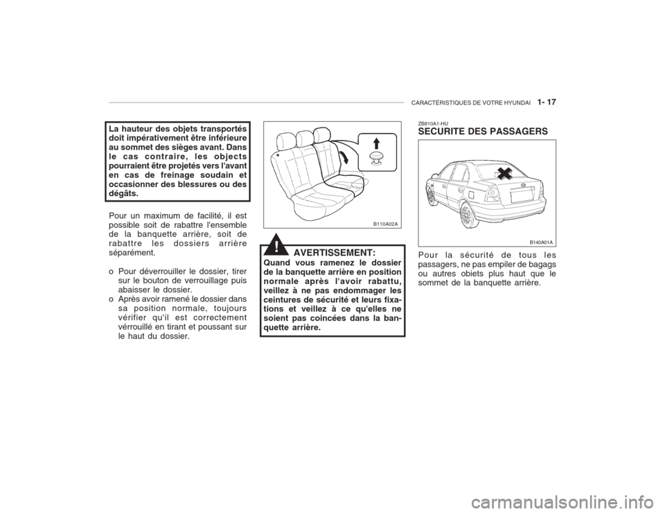 Hyundai Accent 2003  Manuel du propriétaire (in French) CARACTÉRISTIQUES DE VOTRE HYUNDAI   1- 17
La hauteur des objets transportés doit impérativement être inférieure au sommet des sièges avant. Dansle cas contraire, les objectspourraient être proj