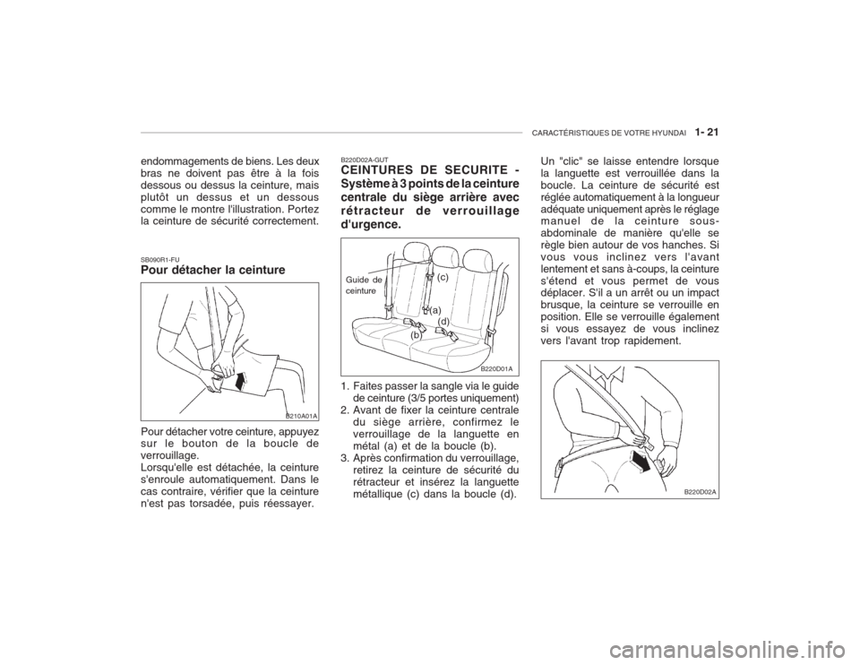 Hyundai Accent 2003  Manuel du propriétaire (in French) CARACTÉRISTIQUES DE VOTRE HYUNDAI   1- 21
SB090R1-FU Pour détacher la ceinture Pour détacher votre ceinture, appuyez sur le bouton de la boucle de verrouillage.Lorsquelle est détachée, la ceintu