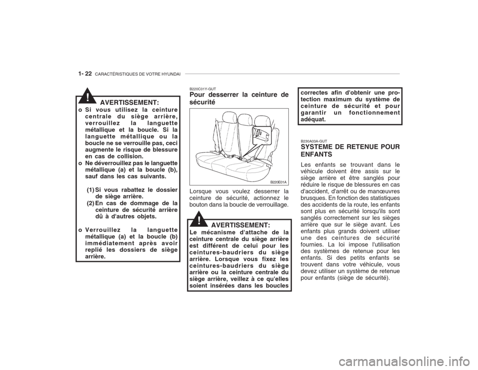Hyundai Accent 2003  Manuel du propriétaire (in French) 1- 22  CARACTÉRISTIQUES DE VOTRE HYUNDAI
B230A03A-GUT SYSTEME DE RETENUE POUR
ENFANTS
Les enfants se trouvant dans le
véhicule doivent être assis sur le siège arrière et être sanglés pourrédui