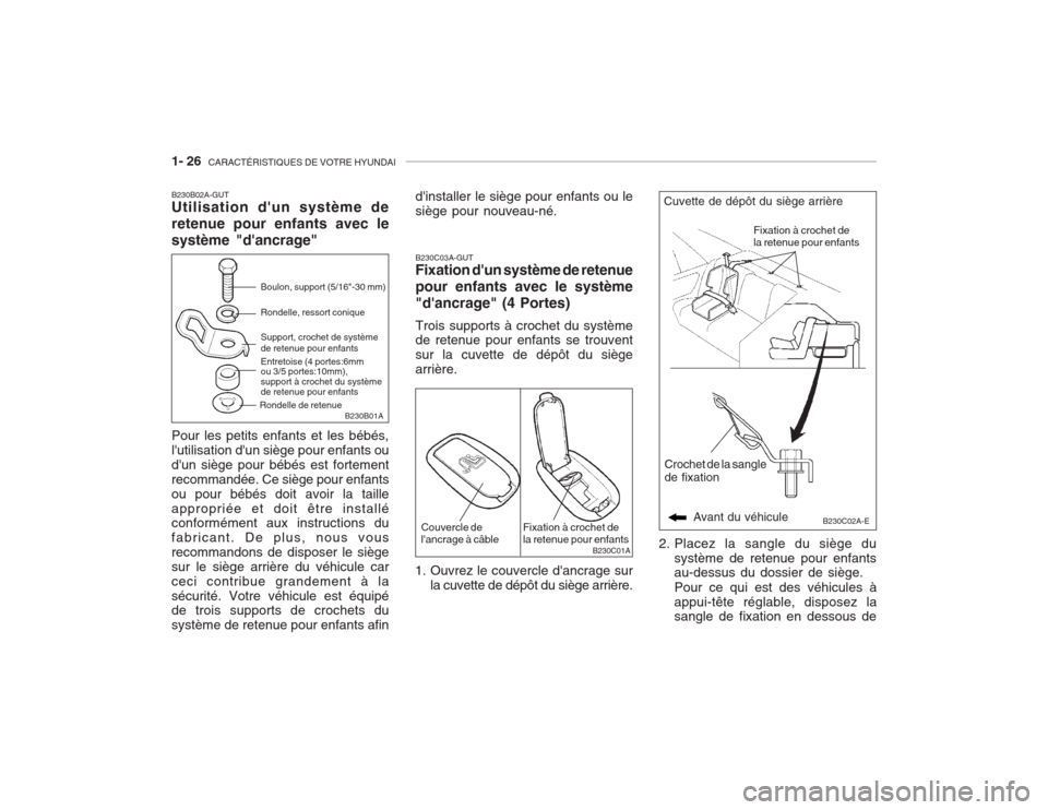 Hyundai Accent 2003  Manuel du propriétaire (in French) 1- 26  CARACTÉRISTIQUES DE VOTRE HYUNDAI
2. Placez la sangle du siège du
système de retenue pour enfants au-dessus du dossier de siège. Pour ce qui est des véhicules à appui-tête réglable, dis