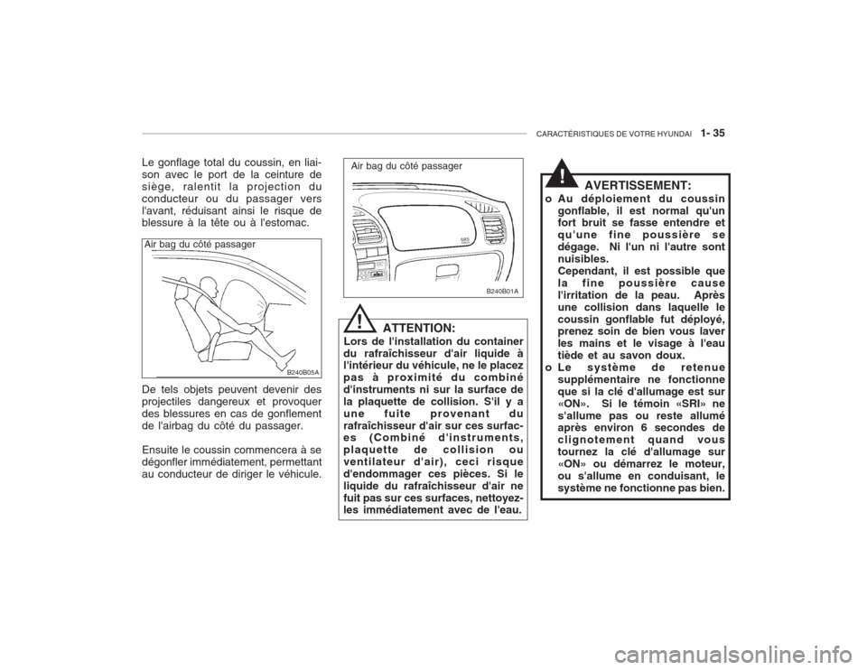 Hyundai Accent 2003  Manuel du propriétaire (in French) CARACTÉRISTIQUES DE VOTRE HYUNDAI   1- 35
AVERTISSEMENT:
o Au déploiement du coussin gonflable, il est normal quun fort bruit se fasse entendre et quune fine poussière sedégage.  Ni lun ni lau
