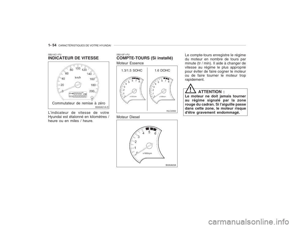 Hyundai Accent 2003  Manuel du propriétaire (in French) 1- 54  CARACTÉRISTIQUES DE VOTRE HYUNDAI
SB215F1-FU COMPTE-TOURS (Si installé)
SB215C1-FUINDICATEUR DE VITESSE Lindicateur de vitesse de votre Hyundai est étalonné en kilomètres /heure ou en mil