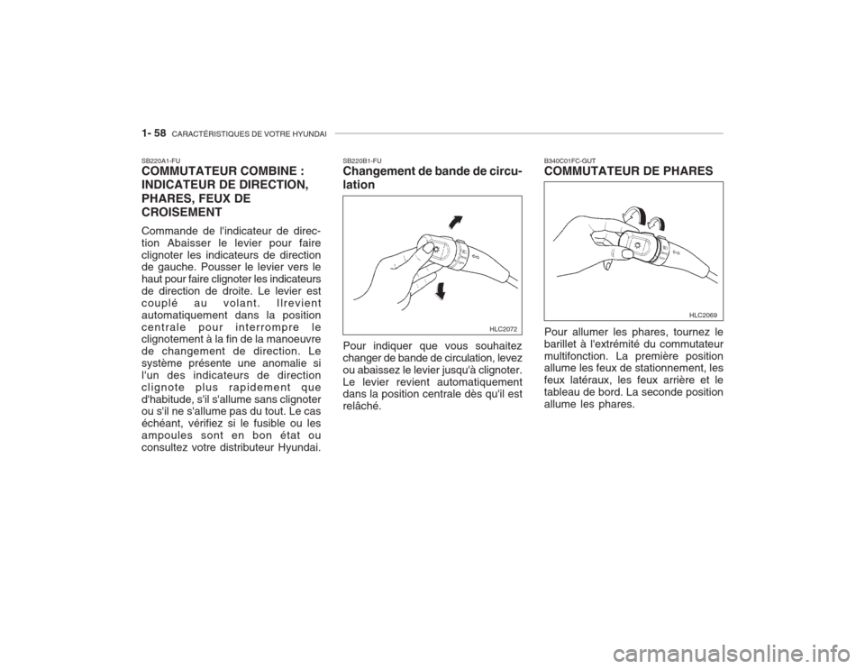 Hyundai Accent 2003  Manuel du propriétaire (in French) 1- 58  CARACTÉRISTIQUES DE VOTRE HYUNDAI
SB220B1-FU Changement de bande de circu- lation Pour indiquer que vous souhaitez changer de bande de circulation, levezou abaissez le levier jusquà clignote