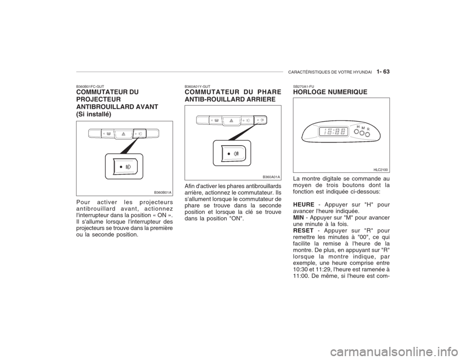 Hyundai Accent 2003  Manuel du propriétaire (in French) CARACTÉRISTIQUES DE VOTRE HYUNDAI   1- 63
B360B01FC-GUT COMMUTATEUR DU PROJECTEUR ANTIBROUILLARD AVANT (Si installé) Pour activer les projecteurs antibrouillard avant, actionnezlinterrupteur dans l