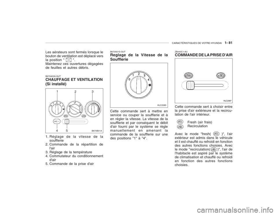 Hyundai Accent 2003  Manuel du propriétaire (in French) CARACTÉRISTIQUES DE VOTRE HYUNDAI   1- 81
B670A02A-GUT CHAUFFAGE ET VENTILATION (Si installé) 
1. Réglage de la vitesse de la
soufflerie
2. Commande de la répartition de
lair
3. Réglage de la te