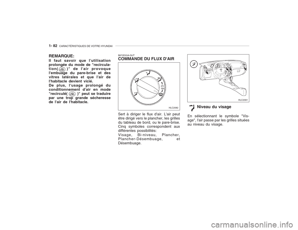 Hyundai Accent 2003  Manuel du propriétaire (in French) 1- 82  CARACTÉRISTIQUES DE VOTRE HYUNDAI
Niveau du visage
En sélectionnant le symbole "Vis- age", lair passe par les grilles situéesau niveau du visage.
REMARQUE: Il faut savoir que lutilisation 