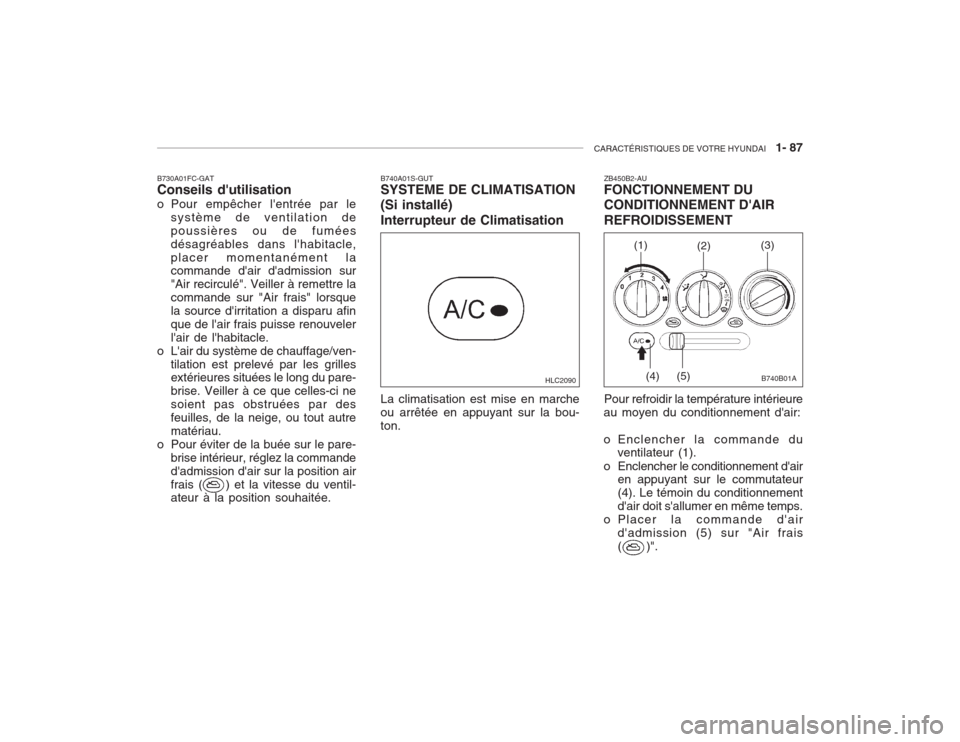 Hyundai Accent 2003  Manuel du propriétaire (in French) CARACTÉRISTIQUES DE VOTRE HYUNDAI   1- 87
B730A01FC-GAT Conseils dutilisation 
o Pour empêcher lentrée par le
système de ventilation de poussières ou de fuméesdésagréables dans lhabitacle,p