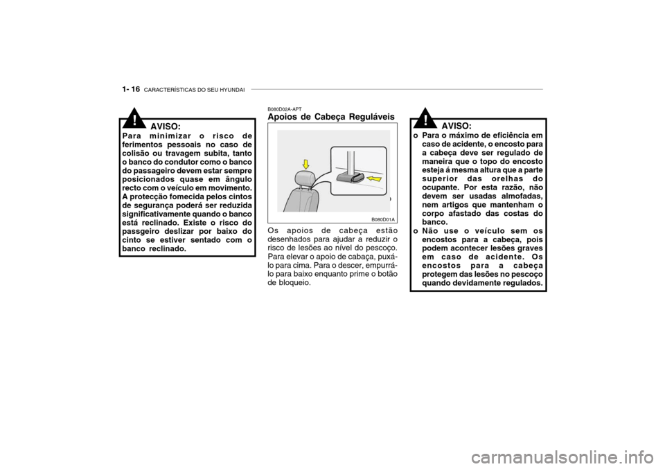 Hyundai Accent 2003  Manual do proprietário (in Portuguese) 1- 16  CARACTERÍSTICAS DO SEU HYUNDAI
B080D02A-APT Apoios de Cabeça Reguláveis Os apoios de cabeça estão
desenhados para ajudar a reduzir o risco de lesões ao nível do pescoço.
Para elevar o a