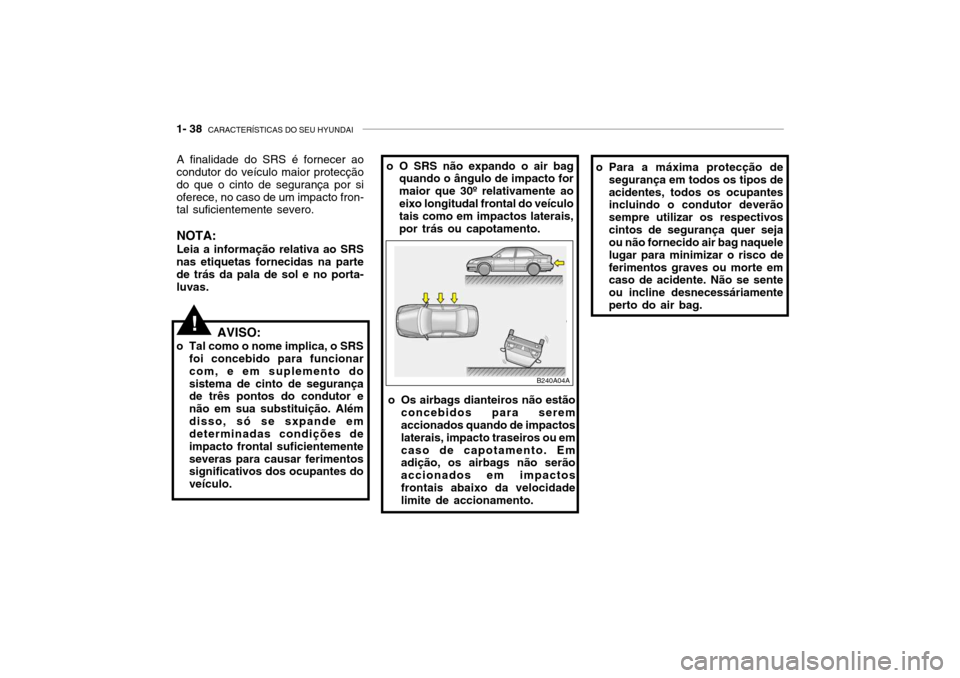 Hyundai Accent 2003 Manual do proprietário (in Portuguese) 1- 38 CARACTERÍSTICAS DO SEU HYUNDAI
AVISO:
o Tal como o nome implica, o SRS foi concebido para funcionar com, e em suplemento dosistema de cinto de segurança de três pontos do condutor e não em Hyundai Accent 2003 Manual do proprietário (in Portuguese) 1- 38 CARACTERÍSTICAS DO SEU HYUNDAI
AVISO:
o Tal como o nome implica, o SRS foi concebido para funcionar com, e em suplemento dosistema de cinto de segurança de três pontos do condutor e não em
