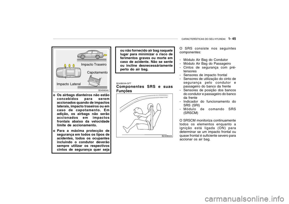 Hyundai Accent 2003 Manual do proprietário (in Portuguese) CARACTERÍSTICAS DO SEU HYUNDAI 1- 45
B240B03A-GPT Componentes SRS e suas
Funções O SRS consiste nos seguintes componentes:
- Módulo Air Bag do Condutor
- Módulo Air Bag do Passageiro
- Cinto Hyundai Accent 2003 Manual do proprietário (in Portuguese) CARACTERÍSTICAS DO SEU HYUNDAI 1- 45
B240B03A-GPT Componentes SRS e suas
Funções O SRS consiste nos seguintes componentes:
- Módulo Air Bag do Condutor
- Módulo Air Bag do Passageiro
- Cinto