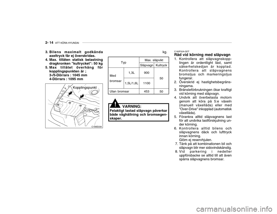 Hyundai Accent 2003  Ägarmanual (in Swedish) 2- 14  ATT KÖRA HYUNDAI
!
kg.
3. Bilens maximalt godkända
axeltryck får ej överskridas.
4. Max. tillåten statisk belastning dragkronken "kultrycket": 50 kg
5. Max tillåtet överhäng för koppli