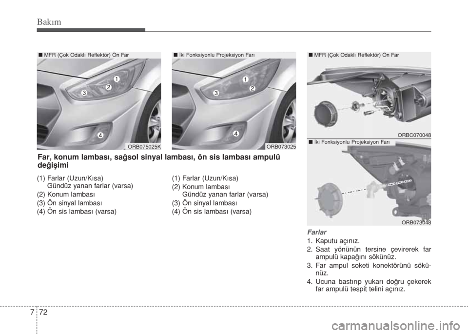 Hyundai Accent Blue 2019 Kullanım Kılavuzu (in Turkish) Bakım
72 7
(1) Farlar (Uzun/Kısa)
Gündüz yanan farlar (varsa)
(2) Konum lambası
(3) Ön sinyal lambası
(4) Ön sis lambası (varsa)(1) Farlar (Uzun/Kısa)
(2) Konum lambası
Gündüz yanan farla Hyundai Accent Blue 2019 Kullanım Kılavuzu (in Turkish) Bakım
72 7
(1) Farlar (Uzun/Kısa)
Gündüz yanan farlar (varsa)
(2) Konum lambası
(3) Ön sinyal lambası
(4) Ön sis lambası (varsa)(1) Farlar (Uzun/Kısa)
(2) Konum lambası
Gündüz yanan farla