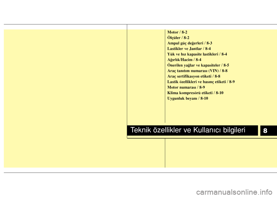 Hyundai Accent Blue 2015  Kullanım Kılavuzu (in Turkish) 8
Motor / 8-2
Ölçüler / 8-2
Ampul güç değerleri / 8-3
Lastikler ve Jantlar / 8-4
Yük ve hız kapasite lastikleri / 8-4
Ağırlık/Hacim / 8-4
Önerilen yağlar ve kapasiteler / 8-5
Araç tanıt