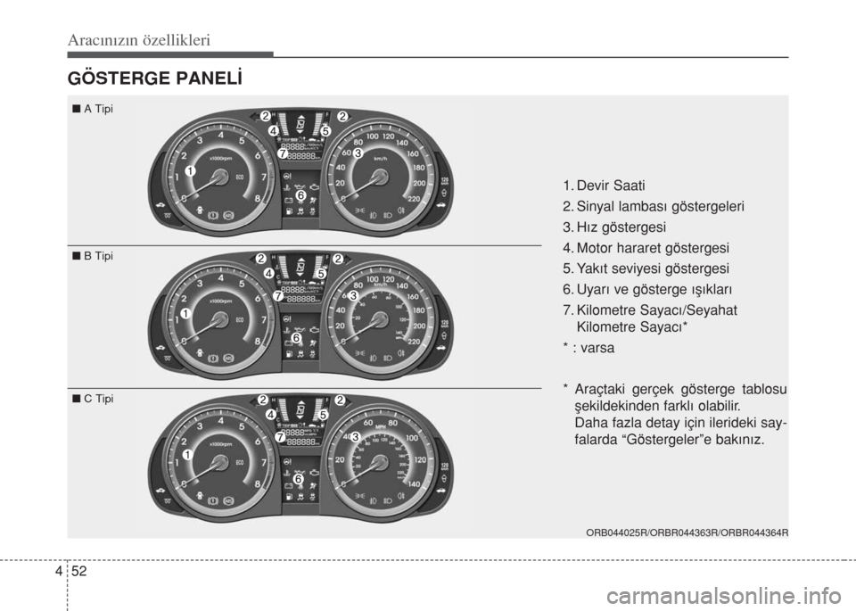 Hyundai Accent Blue 2014 Kullanım Kılavuzu (in Turkish) Aracınızın özellikleri
52 4
GÖSTERGE PANEL‹
1. Devir Saati
2. Sinyal lambas› göstergeleri
3. H›z göstergesi
4. Motor hararet göstergesi
5. Yak›t seviyesi göstergesi
6. Uyar› ve gö Hyundai Accent Blue 2014 Kullanım Kılavuzu (in Turkish) Aracınızın özellikleri
52 4
GÖSTERGE PANEL‹
1. Devir Saati
2. Sinyal lambas› göstergeleri
3. H›z göstergesi
4. Motor hararet göstergesi
5. Yak›t seviyesi göstergesi
6. Uyar› ve gö