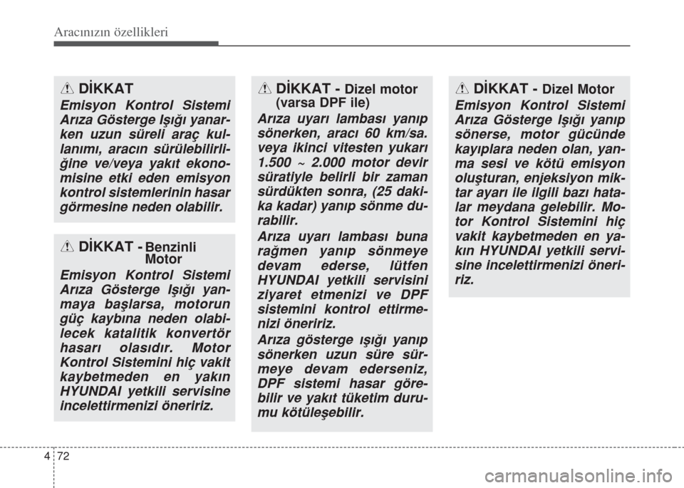 Hyundai Accent Blue 2014 Kullanım Kılavuzu (in Turkish) Aracınızın özellikleri
72 4
DİKKAT - Dizel motor
(varsa DPF ile)
Ar›za uyar› lambas› yan›p
sönerken, arac› 60 km/sa.
veya ikinci vitesten yukar›
1.500 ~ 2.000 motor devir
süratiyle Hyundai Accent Blue 2014 Kullanım Kılavuzu (in Turkish) Aracınızın özellikleri
72 4
DİKKAT - Dizel motor
(varsa DPF ile)
Ar›za uyar› lambas› yan›p
sönerken, arac› 60 km/sa.
veya ikinci vitesten yukar›
1.500 ~ 2.000 motor devir
süratiyle
