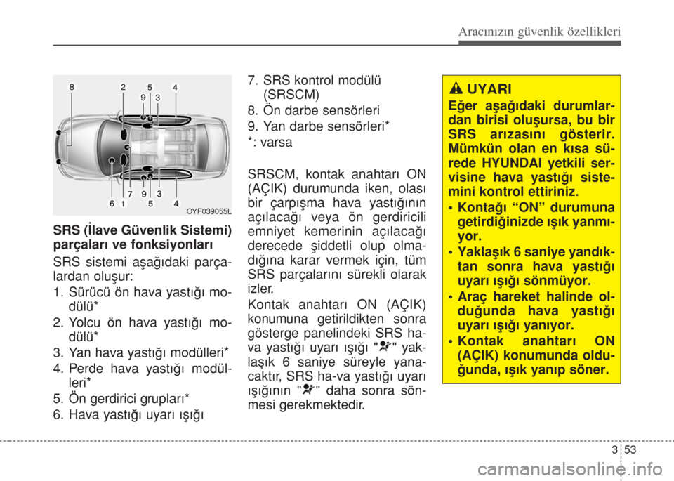 Hyundai Accent Blue 2014  Kullanım Kılavuzu (in Turkish) 353
Aracınızın güvenlik özellikleri
SRS (‹lave Güvenlik Sistemi)
parçalar› ve fonksiyonlar›
SRS sistemi aﬂa€›daki parça-
lardan oluﬂur:
1. Sürücü ön hava yast›€› mo-
d�