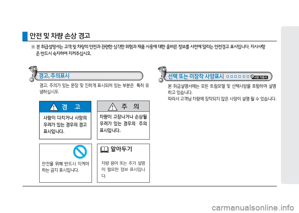 Hyundai Aslan 2017  아슬란 AG - 사용 설명서 (in Korean) 사람이 다치거나 사망의 
우려가 있는 경우의 경고 
표시입니다.
경      고  주     의
차량이 고장나거나 손상될 
우려가 있는 경우의  주의 
표시입니다