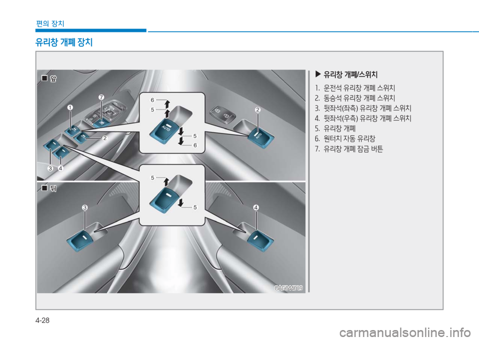 Hyundai Aslan 2017  아슬란 AG - 사용 설명서 (in Korean) 4-28
편의 장치
 ▶유리창 개폐/스위치
1. 운전석 유리창 개폐 스위치
2. 동승석 유리창 개폐 스위치
3. 뒷좌석(좌측) 유리창 개폐 스위치
4. 뒷좌석(우측) �