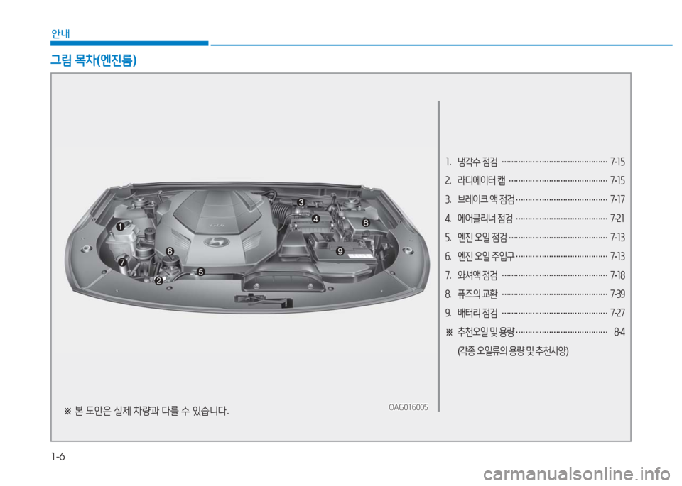 Hyundai Aslan 2017  아슬란 AG - 사용 설명서 (in Korean) 1-6
안내
1. 냉각수 점검 ……………………………………… 7-15 
2. 라디에이터 캡 …………………………………… 7-15
3. 브레이크 액 점검 ………………
