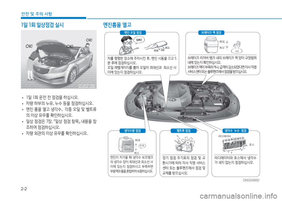 Hyundai Aslan 2017  아슬란 AG - 사용 설명서 (in Korean) 2-2
안전 및 주의 사항
1일 1회 일상점검 실시 엔진룸을 열고
OAG054072OAG054072
 •1일 1회 운전 전 점검을 하십시오.
 •차량 하부의 누유, 누수 등을 점검하�