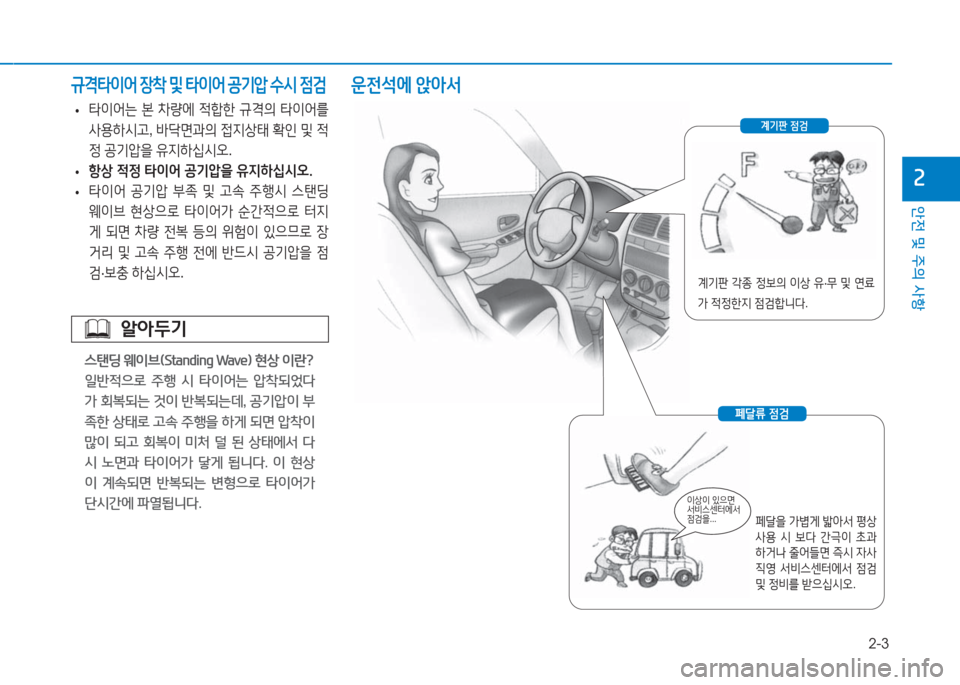 Hyundai Aslan 2017  아슬란 AG - 사용 설명서 (in Korean) 2-3
안전 및 주의 사항
2
 •타이어는 본 차량에 적합한 규격의 타이어를 
사용하시고, 바닥면과의 접지상태 확인 및 적
정 공기압을 유지하십시오. 
 •�