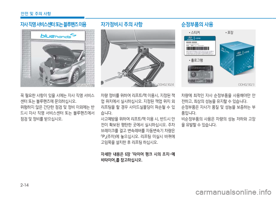 Hyundai Aslan 2017  아슬란 AG - 사용 설명서 (in Korean) 2-14
안전 및 주의 사항
꼭 필요한 사항이 있을 시에는 자사 직영 서비스
센터 또는 블루핸즈에 문의하십시오.
위험하지 않은 간단한 점검 및 정비 이외�