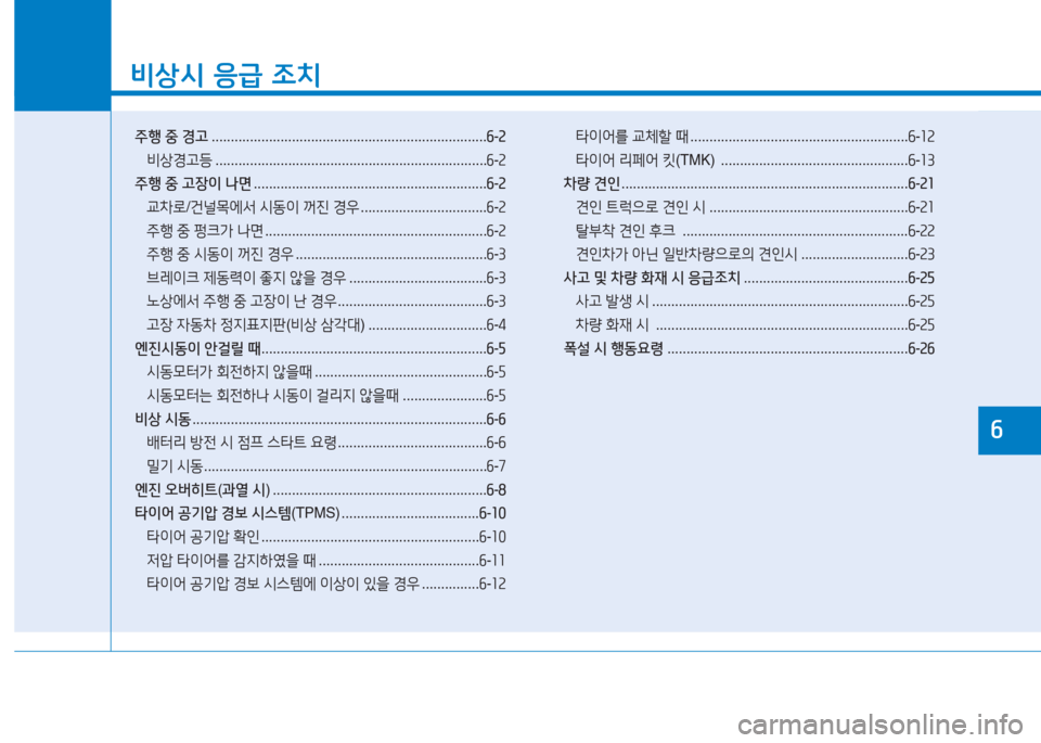 Hyundai Aslan 2017  아슬란 AG - 사용 설명서 (in Korean) 1
비상시 응급 조치
주행 중 경고 . . . . . . . . . . . . . . . . . . . . . . . . . . . . . . . . . . . . . . . . . . . . . . . . . . . . . . . . . . . . . . . . . . . . . . . .6-2
비상경