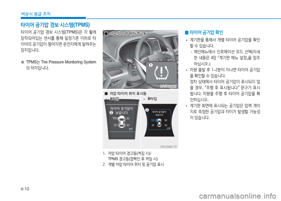 Hyundai Aslan 2017  아슬란 AG - 사용 설명서 (in Korean) 6-10
비상시 응급 조치
OAG044239OAG044239
  00저압 타이어 위치 표시등저압 타이어 위치 표시등
  ••A타입A타입  ••B타입B타입
1. 저압 타이어 경고등(켜�