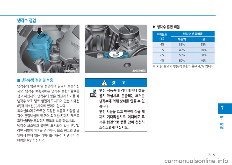 Hyundai Aslan 2017  아슬란 AG - 사용 설명서 (in Korean) 7-15
정기 점검
7
 ▶냉각수 혼합 비율
주위온도
(℃)
냉각수 혼합비율
부동액 물
-15 35%65%
-25 40%60%
-35 50%50%
-45 60%40%
※ 차량 출고시 부동액 혼합비율은 45% 