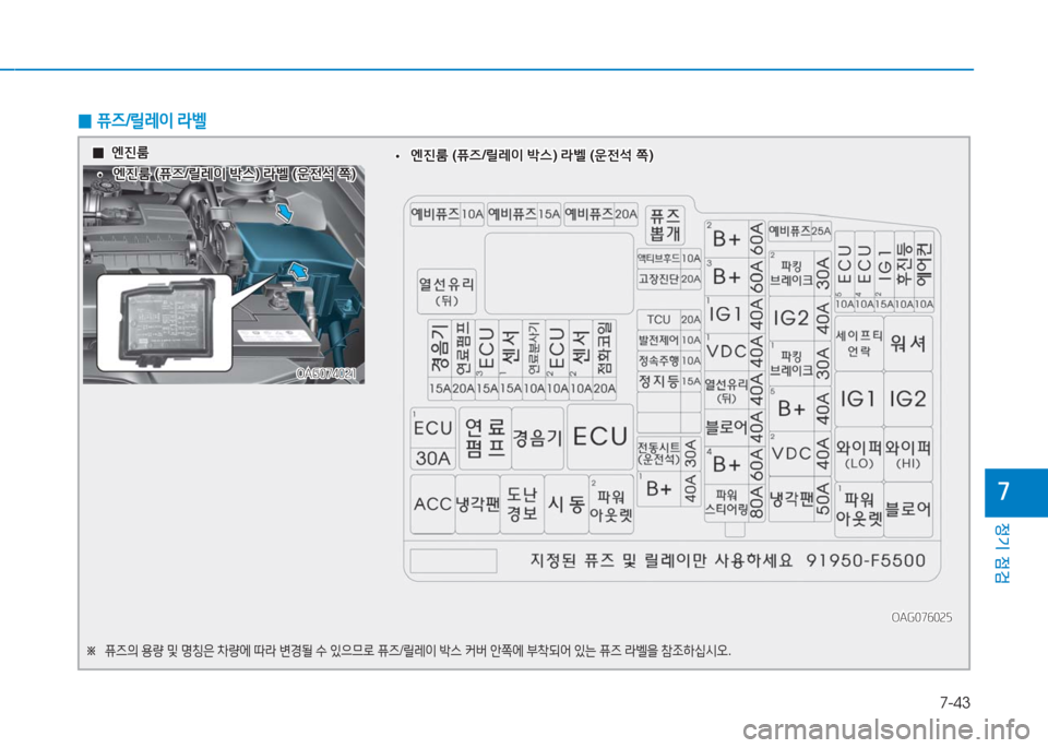 Hyundai Aslan 2017  아슬란 AG - 사용 설명서 (in Korean) 7-43
정기 점검
7
 0퓨즈/릴레이 라벨
OAG076025OAG076025
OAG074021OAG074021
※ 퓨즈의 용량 및 명칭은 차량에 따라 변경될 수 있으므로 퓨즈/릴레이 박스 커버 안�