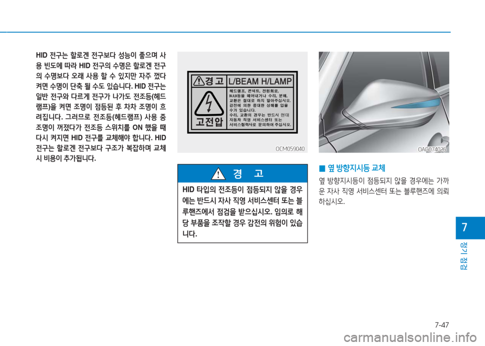 Hyundai Aslan 2017  아슬란 AG - 사용 설명서 (in Korean) 7-47
정기 점검
7
 0옆 방향지시등 교체 
옆 방향지시등이 점등되지 않을 경우에는 가까
운 자사 직영 서비스센터 또는 블루핸즈에 의뢰
하십시오.
OAG0740