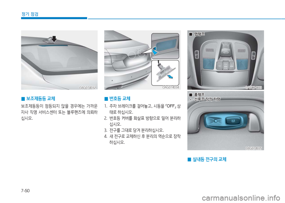 Hyundai Aslan 2017  아슬란 AG - 사용 설명서 (in Korean) 7-50
정기 점검
OAG074033OAG074033
OAG074035OAG074035
  00맵램프맵램프
  00룸램프룸램프
  ••선루프 장착 차량선루프 장착 차량
 0실내등 전구의 교체
 0보�