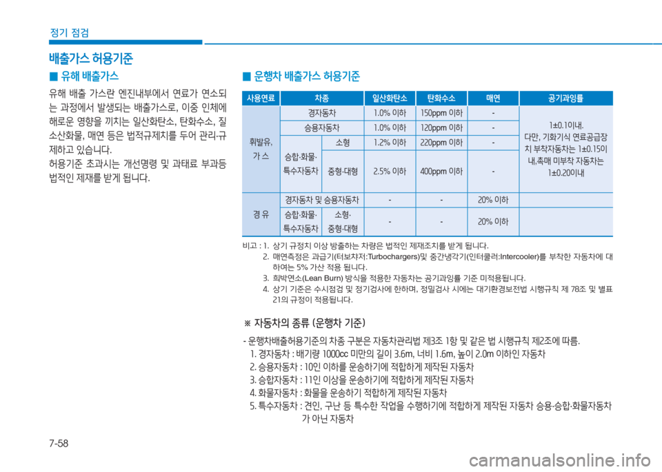 Hyundai Aslan 2017  아슬란 AG - 사용 설명서 (in Korean) 7-58
정기 점검
배출가스 허용기준
 0유해 배출가스 
유해 배출 가스란 엔진내부에서 연료가 연소되
는 과정에서 발생되는 배출가스로, 이중 인체에 
해