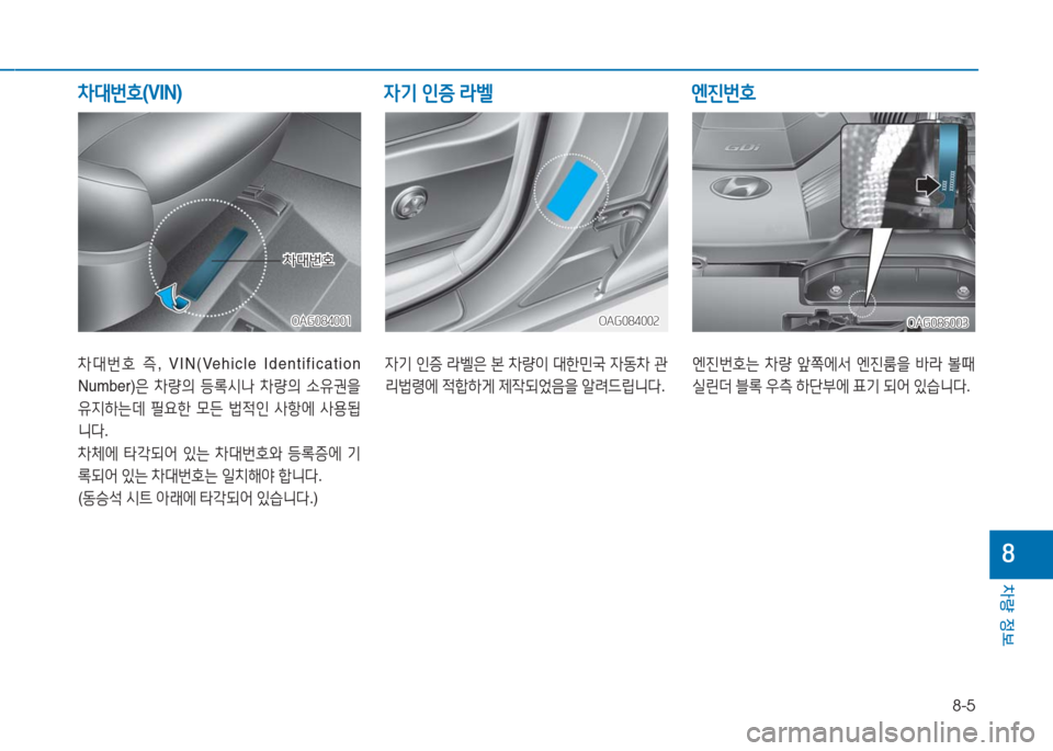 Hyundai Aslan 2017  아슬란 AG - 사용 설명서 (in Korean) 8-5
차량 정보
8
차대번호 즉, VIN(Vehicle  Identification 
Number)은 차량의 등록시나 차량의 소유권을 
유지하는데 필요한 모든 법적인 사항에 사용됩
니다.
차�