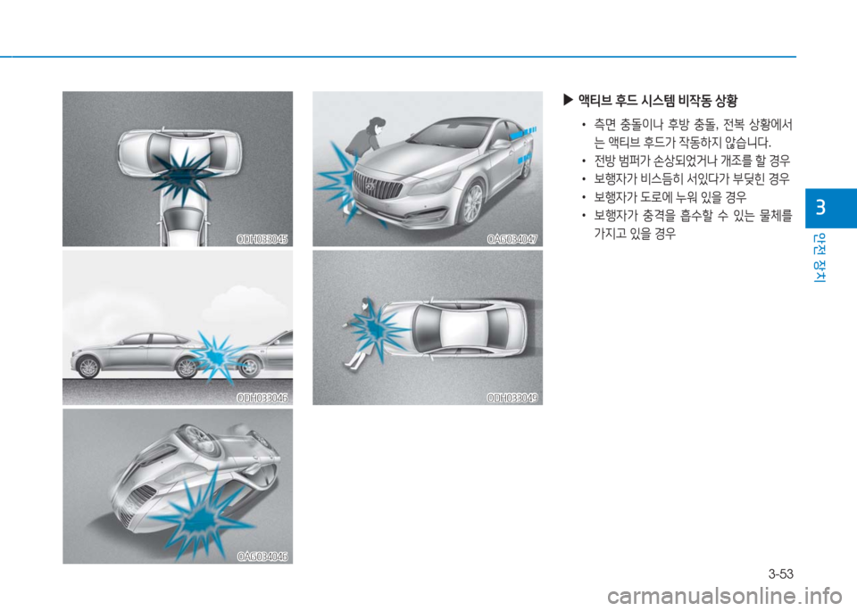 Hyundai Aslan 2017  아슬란 AG - 사용 설명서 (in Korean) 3-53
안전 장치
3
ODH033045ODH033045
ODH033046ODH033046
OAG034046OAG034046
OAG034047OAG034047
ODH033049ODH033049
 ▶액티브 후드 시스템 비작동 상황
 • 측면 충돌이나 후방 충�