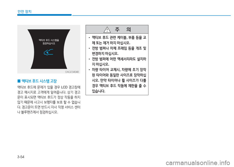 Hyundai Aslan 2017  아슬란 AG - 사용 설명서 (in Korean) 3-54
안전 장치
OAG034048OAG034048
 0액티브 후드 시스템 고장
액티브 후드에 문제가 있을 경우 LCD 경고창에 
경고 메시지로 고객에게 알려줍니다. 상기 경고