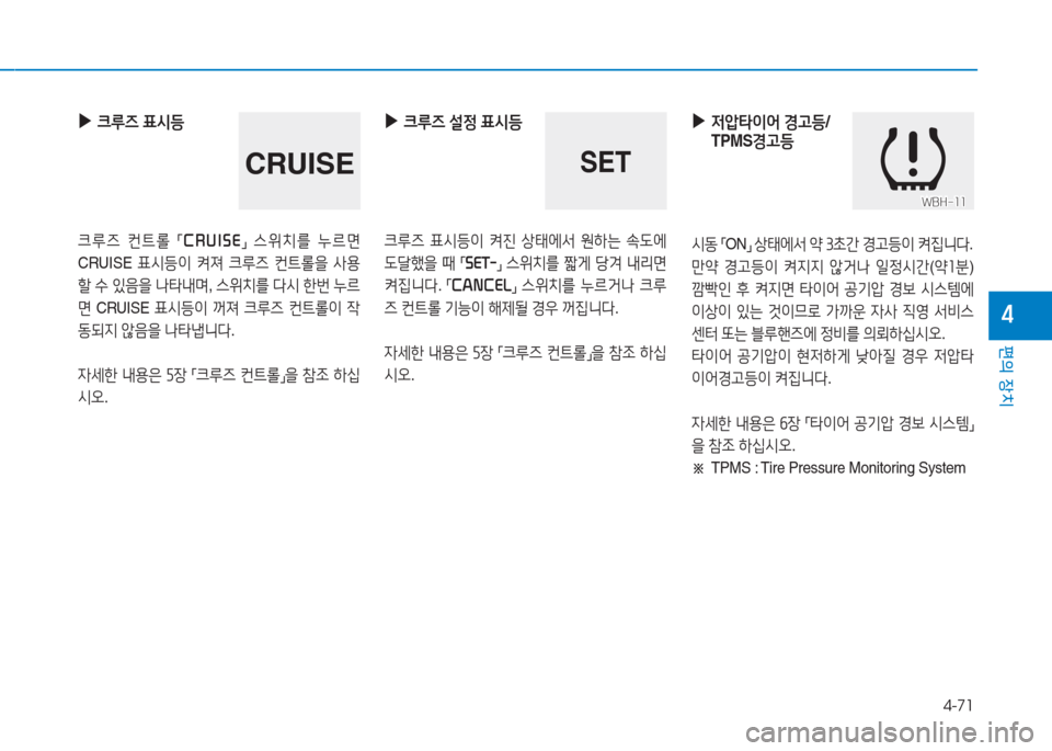 Hyundai Aslan 2016  아슬란 AG - 사용 설명서 (in Korean) 4-71
편의 장치
4
 ▶ 크루즈 표시등
크루즈 컨트롤 「CRUISE」 스위치를 누르면 
CRUISE 표시등이 켜져 크루즈 컨트롤을 사용
할 수 있음을 나타내며, 스위�