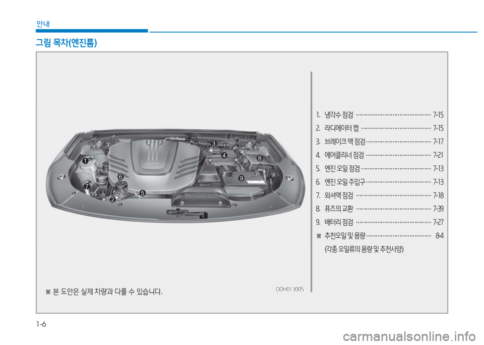 Hyundai Aslan 2016  아슬란 AG - 사용 설명서 (in Korean) 1-6
안내
1. 냉각수 점검 ……………………………………… 7-15 
2. 라디에이터 캡 …………………………………… 7-15
3. 브레이크 액 점검 ………………�