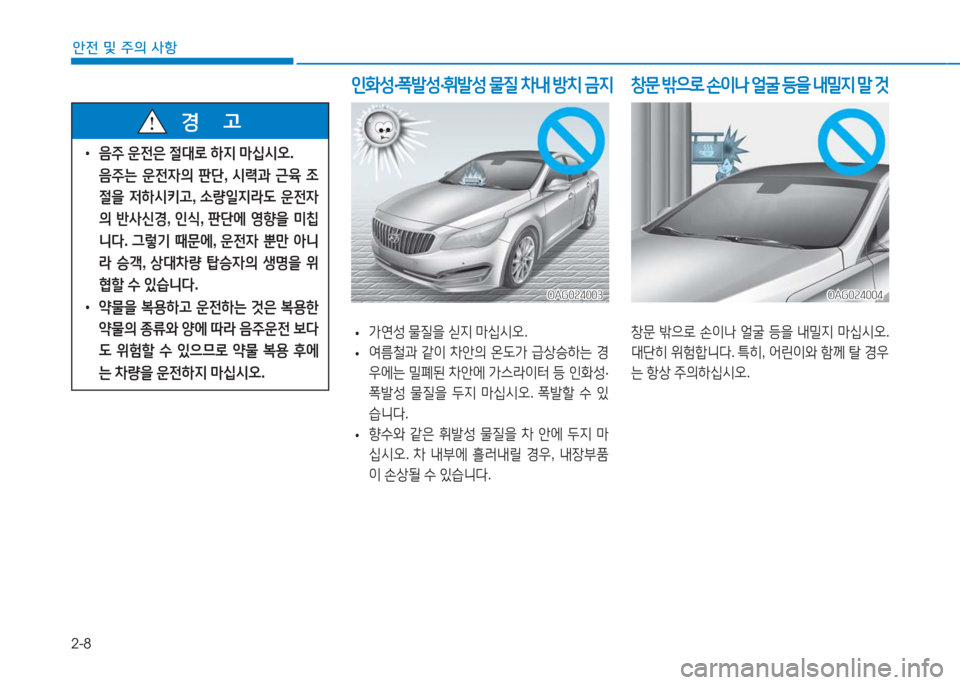 Hyundai Aslan 2016  아슬란 AG - 사용 설명서 (in Korean) 2-8
안전 및 주의 사항
 •가연성 물질을 싣지 마십시오.
 •여름철과 같이 차안의 온도가 급상승하는 경
우에는 밀폐된 차안에 가스라이터 등 인화성·
