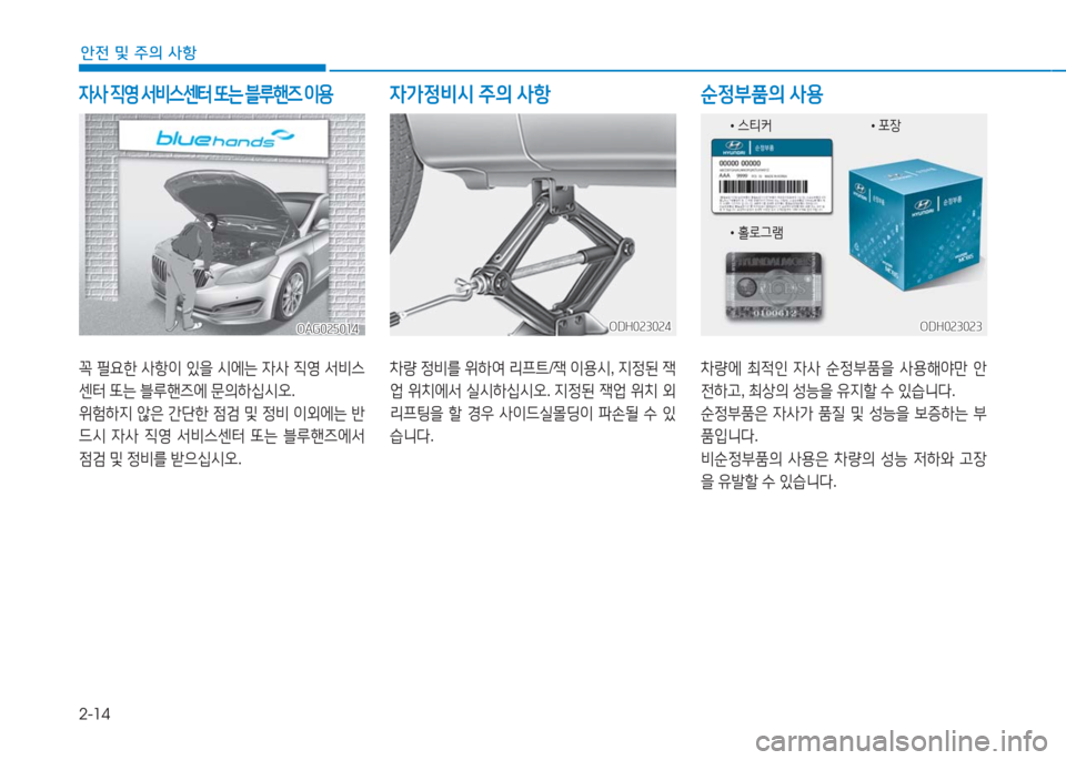 Hyundai Aslan 2016  아슬란 AG - 사용 설명서 (in Korean) 2-14
안전 및 주의 사항
꼭 필요한 사항이 있을 시에는 자사 직영 서비스
센터 또는 블루핸즈에 문의하십시오.
위험하지 않은 간단한 점검 및 정비 이외�