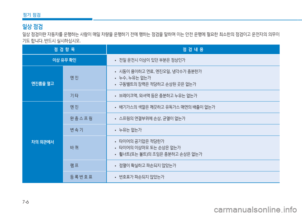 Hyundai Aslan 2016  아슬란 AG - 사용 설명서 (in Korean) 7-6
정기 점검
일상 점검
일상 점검이란 자동차를 운행하는 사람이 매일 차량을 운행하기 전에 행하는 점검을 말하며 이는 안전 운행에 필요한 최소한