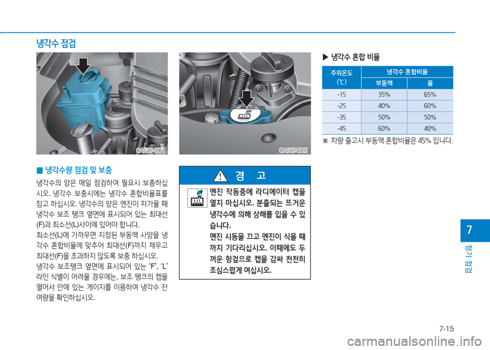 Hyundai Aslan 2016  아슬란 AG - 사용 설명서 (in Korean) 7-15
정기 점검
7
 ▶냉각수 혼합 비율
주위온도
(℃)
냉각수 혼합비율
부동액 물
-15 35%65%
-25 40%60%
-35 50%50%
-45 60%40%
※ 차량 출고시 부동액 혼합비율은 45% 