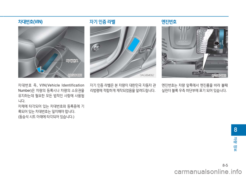 Hyundai Aslan 2016  아슬란 AG - 사용 설명서 (in Korean) 8-5
차량 정보
8
차대번호 즉, VIN(Vehicle  Identification 
Number)은 차량의 등록시나 차량의 소유권을 
유지하는데 필요한 모든 법적인 사항에 사용됩
니다.
차�
