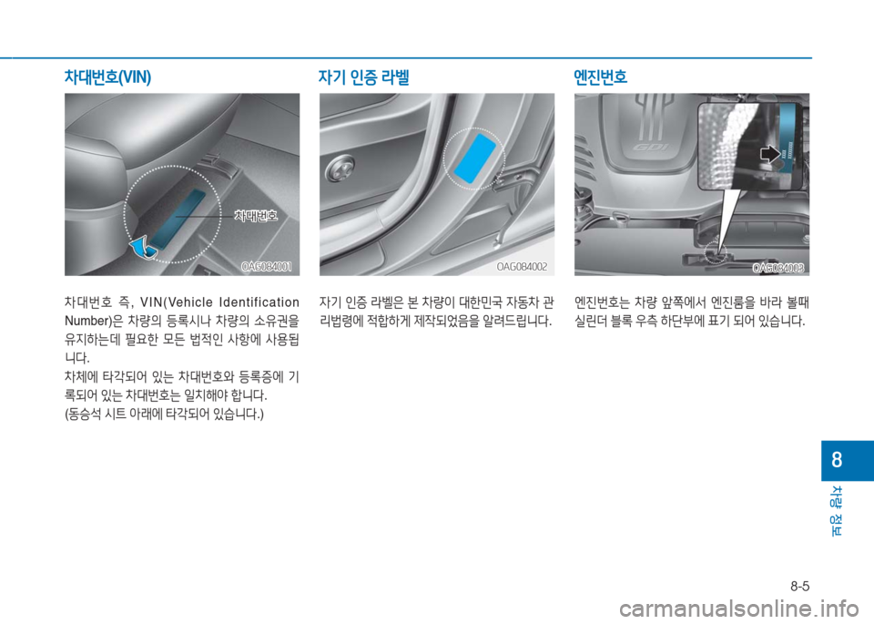 Hyundai Aslan 2016  아슬란 AG - 사용 설명서 (in Korean) 8-5
차량 정보
8
차대번호 즉, VIN(Vehicle  Identification 
Number)은 차량의 등록시나 차량의 소유권을 
유지하는데 필요한 모든 법적인 사항에 사용됩
니다.
차
