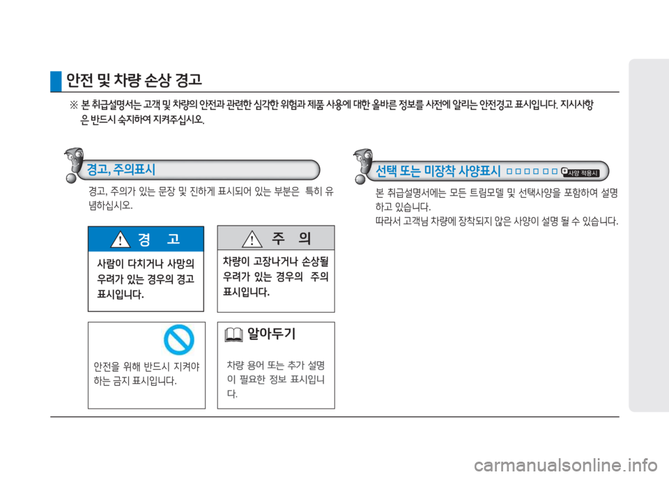 Hyundai Aslan 2015  아슬란 AG - 사용 설명서 (in Korean) 사람이 다치거나  사망의  
우려가  있는  경우의  경고  
표시입니다 .
경       고  주
      의
8