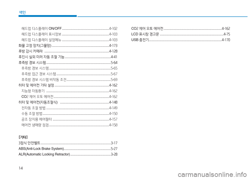 Hyundai Aslan 2015  아슬란 AG - 사용 설명서 (in Korean) 14
색인
헤드업 디스플레이  ON/OFF ................................................... 4-좌좋속
헤드업  디스플레이  표/d정보  ...................................................